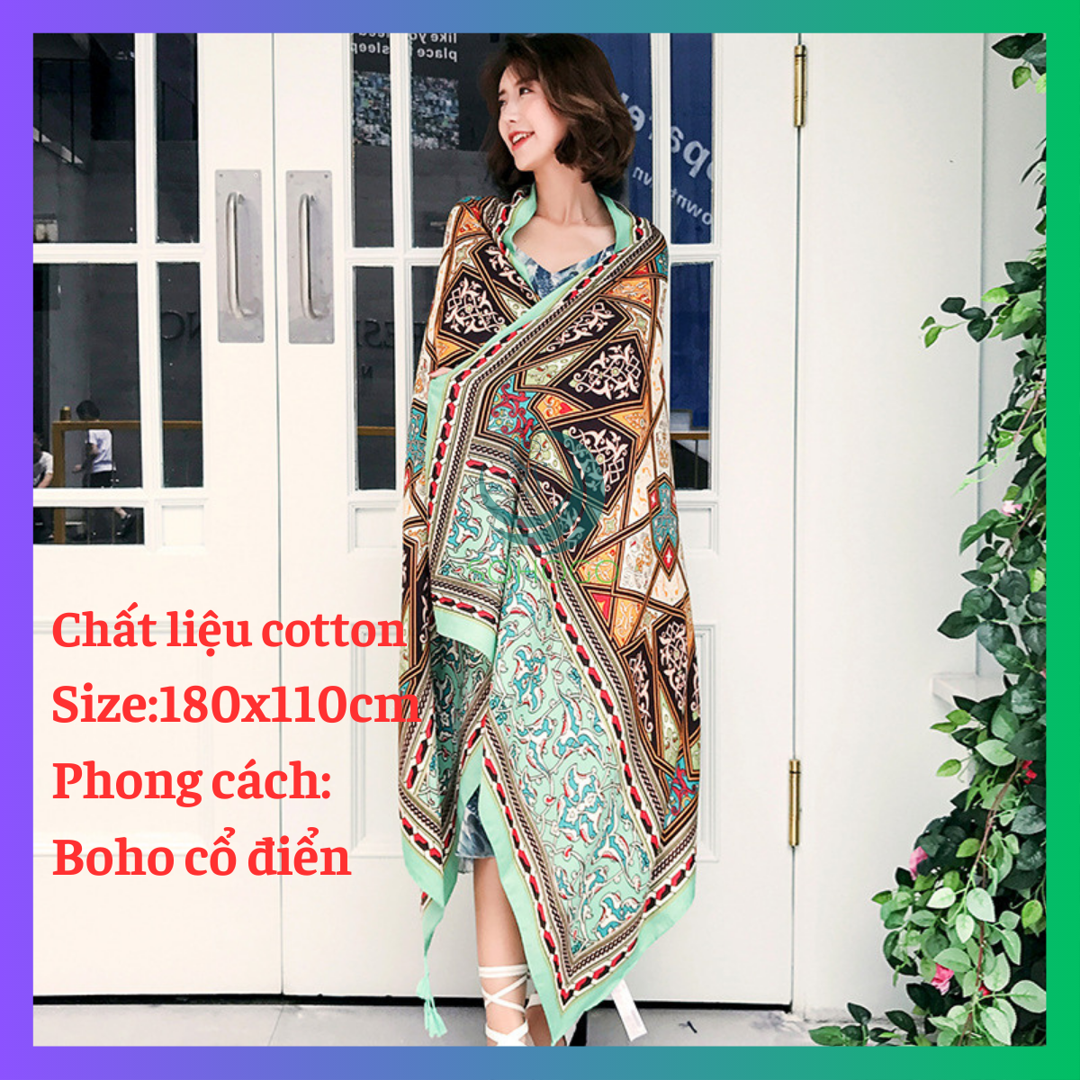 Khăn choàng cổ phong cách BOHO cổ điển, chất cotton mềm 180x110cm-phù hợp đi biển, choàng cổ khi ra nắng-Qùa tặng ý nghĩa