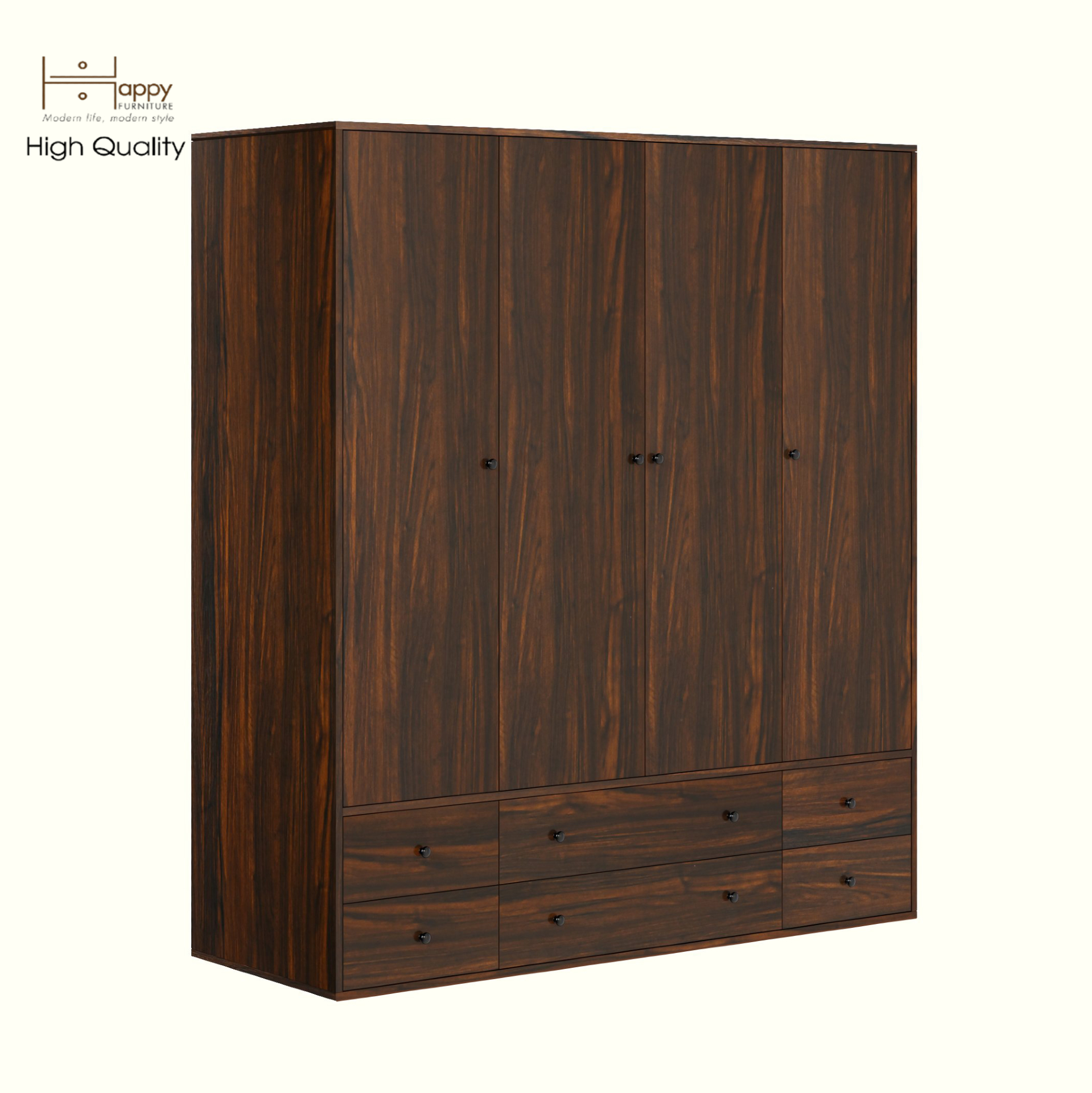HAPPY FURNITURE , ZACY - Tủ quần áo 4 cửa mở 6 ngăn kéo, TCM_209 , 160cm x 59cm x 180cm DxRxC, Sản phẩm phổ thông