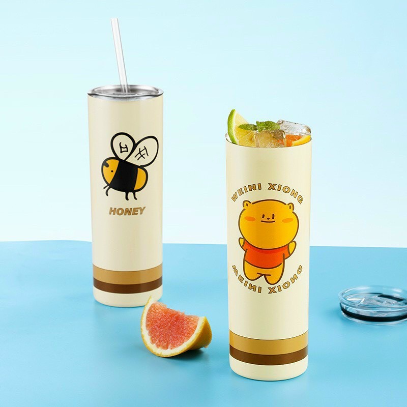 Ly giữ nhiệt in hình cute inox 304 không gỉ tặng kèm ống hút có nắp đậy 650ml sang trọng - giao mẫu ngẫu nhiên