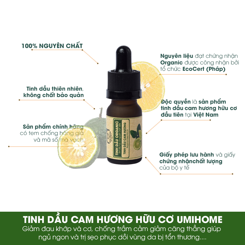 Tinh Dầu Cam Hương Nguyên Chất UMIHOME (10ml) - Dùng cho xông tắm giảm đau khớp và cơ, giảm căng thẳng giúp ngủ ngon và làm mờ sẹo 