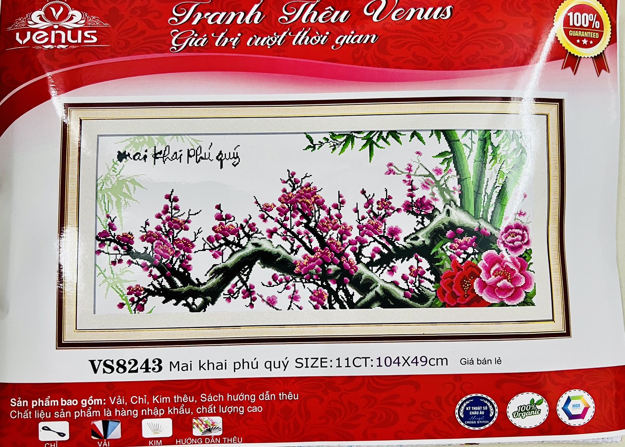 Tranh thêu chữ thập cành mai vàng VS8244, cành mai đỏ vs8243