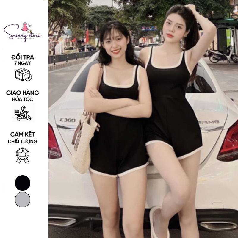 Jumpsuit đùi hai dây bản viền nữ, áo liền quần body không mút