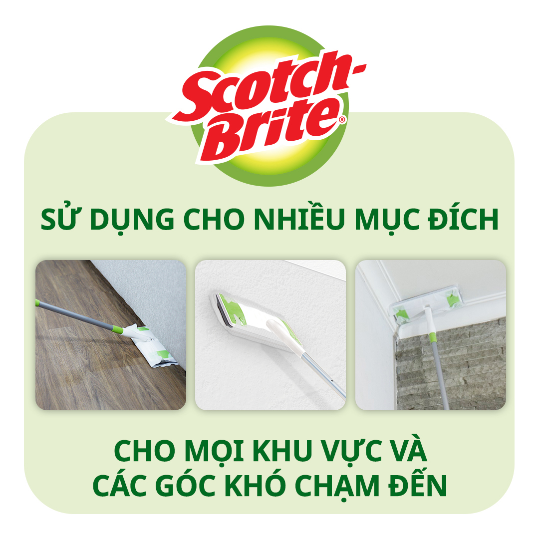 Khăn ướt thay thế cây lau siêu tốc Scotch Brite 3M, 28 cm x 21cm, 8 miếng/gói, kháng khuẩn 99,9%, hương trà xanh thơm mát, tĩnh điện giúp hút và giữ bụi bẩn, tóc,… , phù hợp với nhiều bề mặt