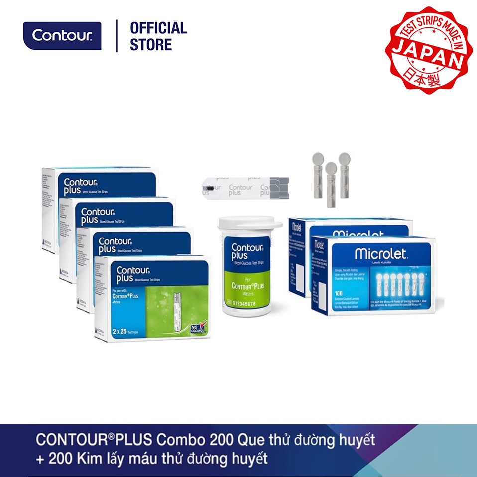 Bộ 2 sản phẩm 200 Que thử đường huyết CONTOUR PLUS và 200 kim lấy máu thử đường huyết