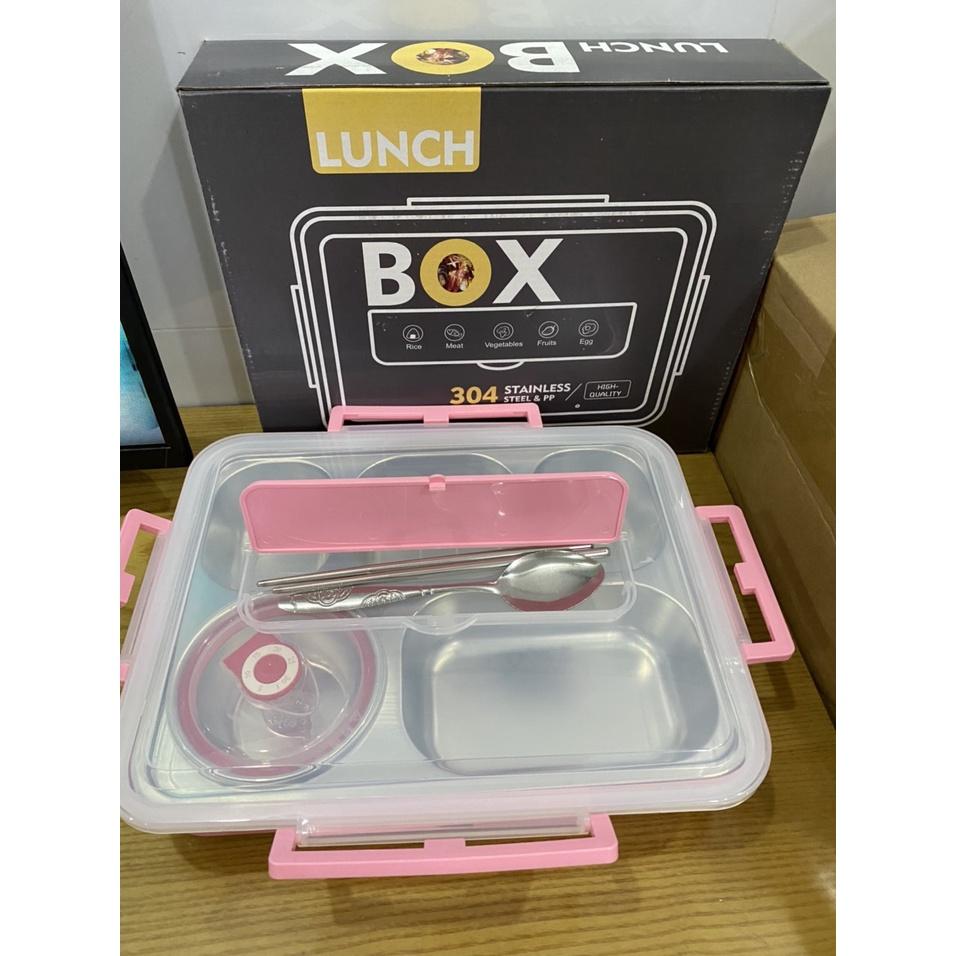 Hộp Cơm Văn Phòng Inox Bọc Nhựa 5 Ngăn Chịu Nhiệt Lò Vi Sóng Gọn Nhẹ Cao Cấp Kèm Bộ Thìa Đũa Inox