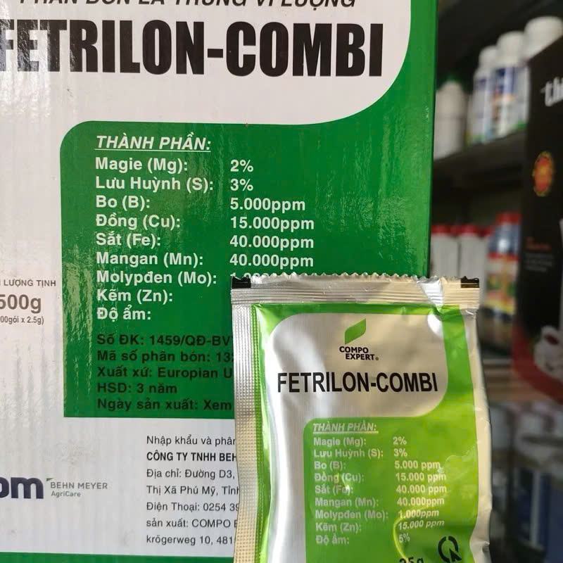 Phân bón vi lượng Fetrilon Combi BM Đức 2,5g bổ sung trung vi lượng xanh dày lá lớn trái ngừa xoắn lá vàng lá co dúm lá