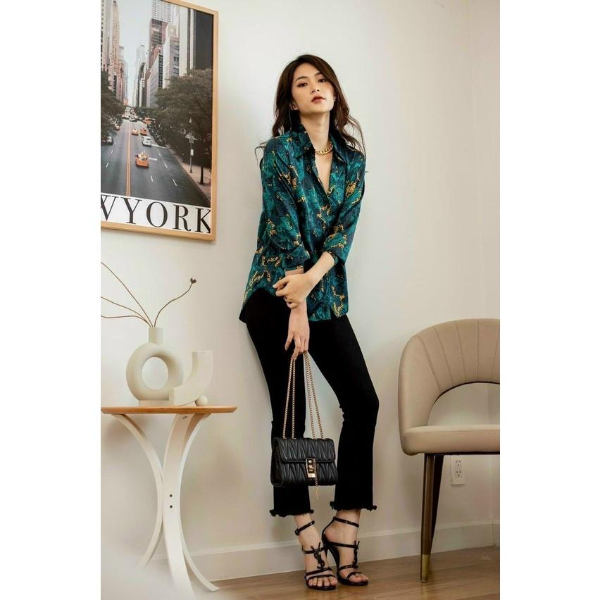 ÁO SƠ MI NỮ DÀI TAY LỤA NHẬT MÀU XANH-BÁO