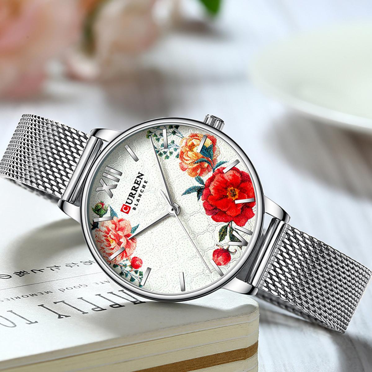 Đồng hồ Nữ CURREN 9060 Quartz Mặt số Hoa Thanh lịch Tinh tế 3ATM Chống thấm nước - Bạc Peony