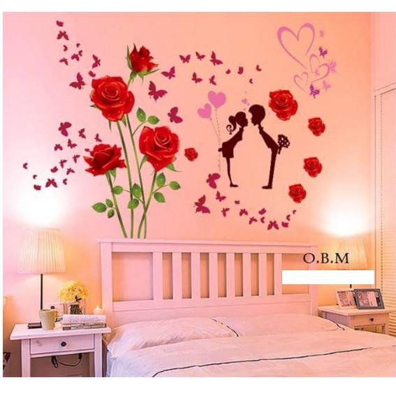 BỘ COMBO DECAL GHÉP ĐÔI TRANG TRÍ - hoa hồng đỏ phối tình nhân kiss nhau