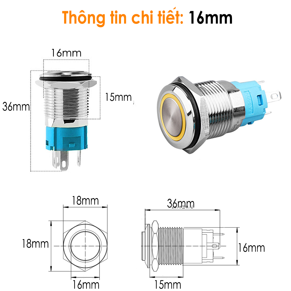 Nút công tắc nhấn nhả tự phục hồi, Nhấn Reset 16mm (3-6V, 12-24V, 110-220V) Vỏ INOX chống nước