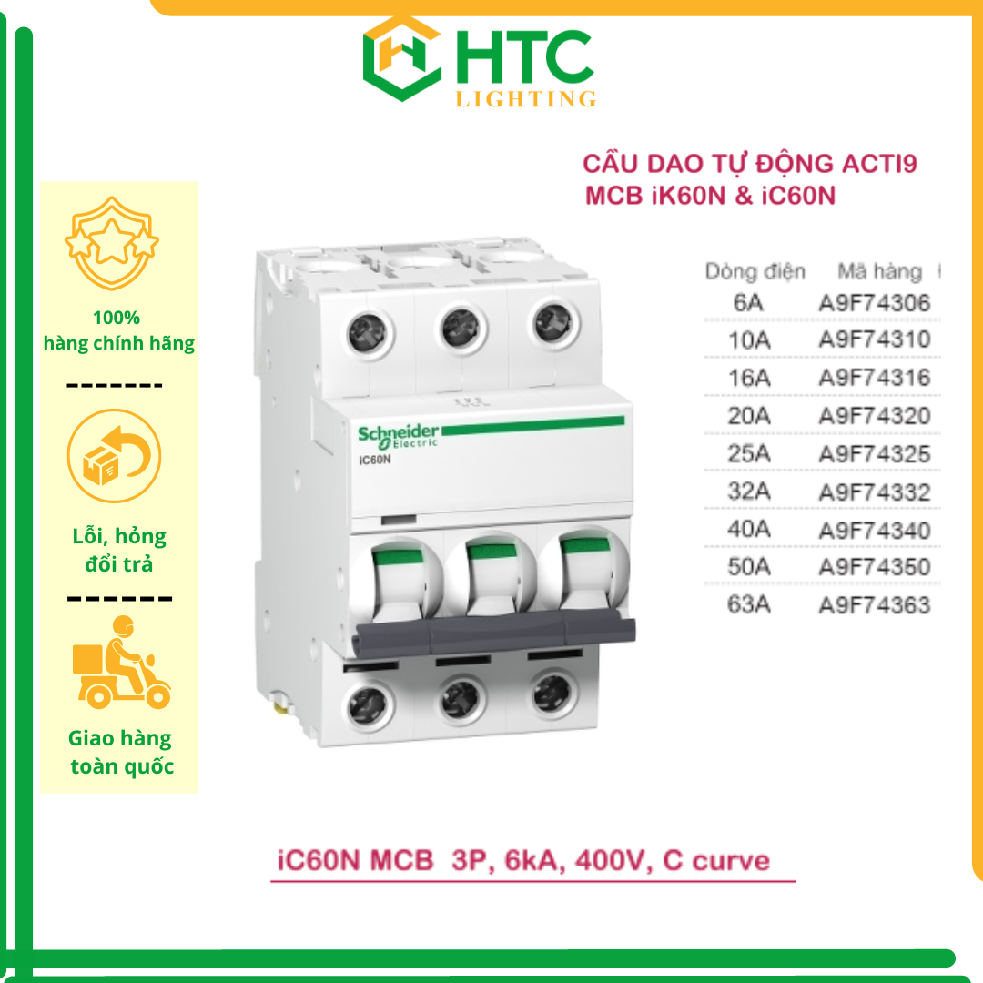 Cầu dao / Aptomat tự động MCB Acti9 iC60N 3P 6kA 400V, C Curve