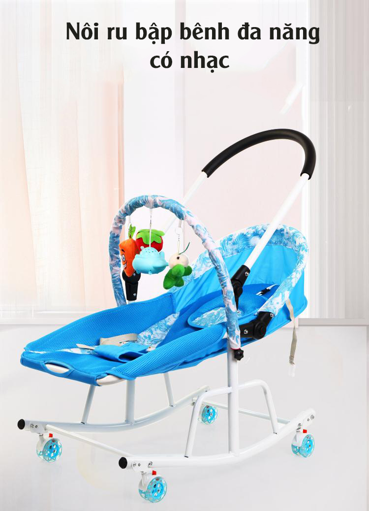 Ghế bập bênh 4in1 kiêm xe đẩy 2 chiều có nhạc và rung mát xa cho bé TẶNG mùng và đồ chơi kèm theo (xanh)