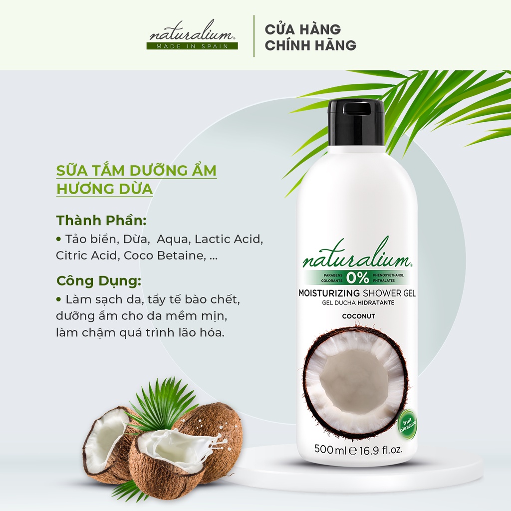 Sữa tắm dưỡng ẩm NATURALIUM hương dừa 500ml giúp tái tạo da, dưỡng da mịn màng tươi trẻ &amp; hỗ trợ viêm nang lông