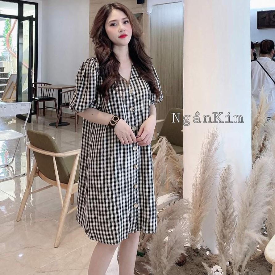 Váy bầu công sở thiết kế dáng xuông cổ tim - chất kẻ thô đẹp