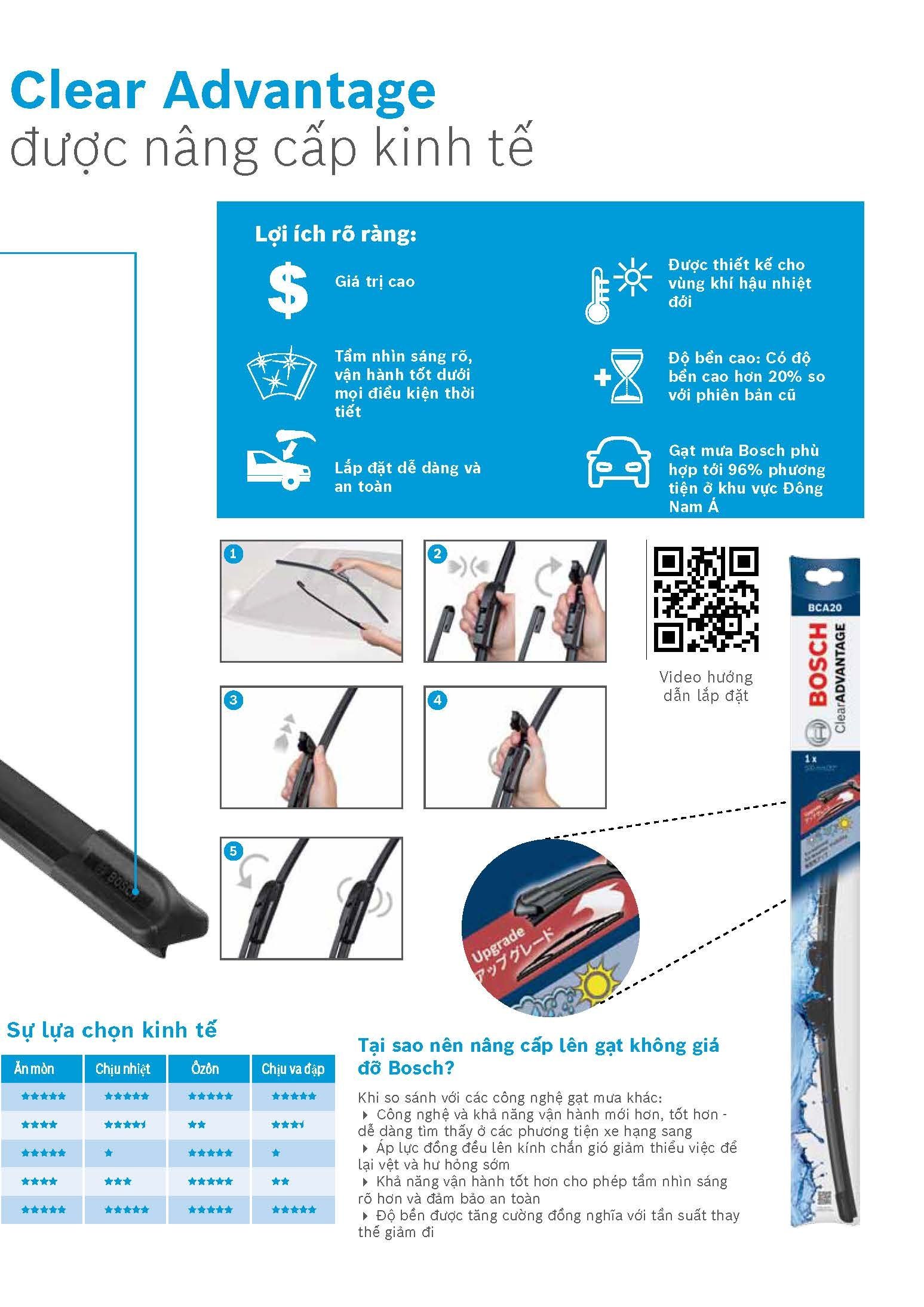 Gạt Mưa Cao Su BOSCH Clear Advantage - Móc Chữ U - Xương Mềm - Đủ Size - Chuyên Dành Cho Xe Châu Á - Hoạt Động Vượt Trội Trong Mọi Thời Tiết