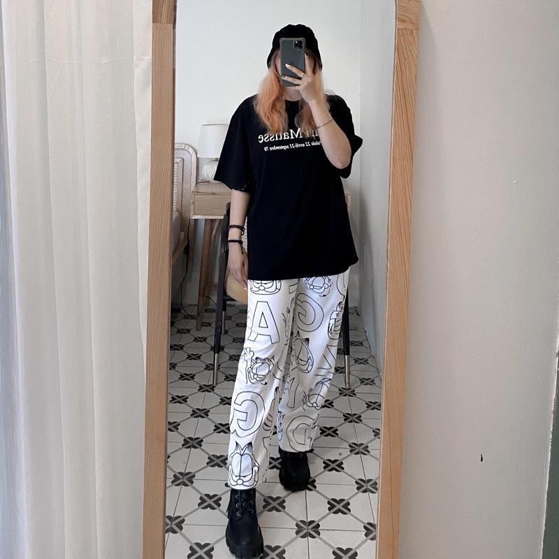 Quần Jogger Thun Unisex có dây rút HOẠ TIẾT MÈO màu ĐEN/TRẮNG ️