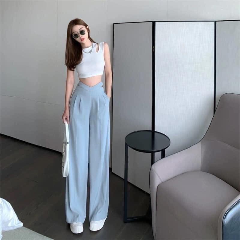 Quần suông ống rộng khuyết eo tôn dáng màu xanh và đen dành cho nữ - Baelyn