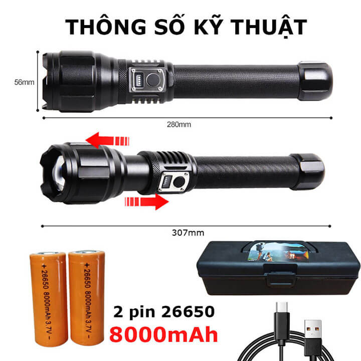 Đèn pin siêu sáng cầm tay XHP360 chiếu xa 500m có Zoom xa gần, pin trâu 16000mAh, chống thấm nước IPX4, 5 chế độ sáng