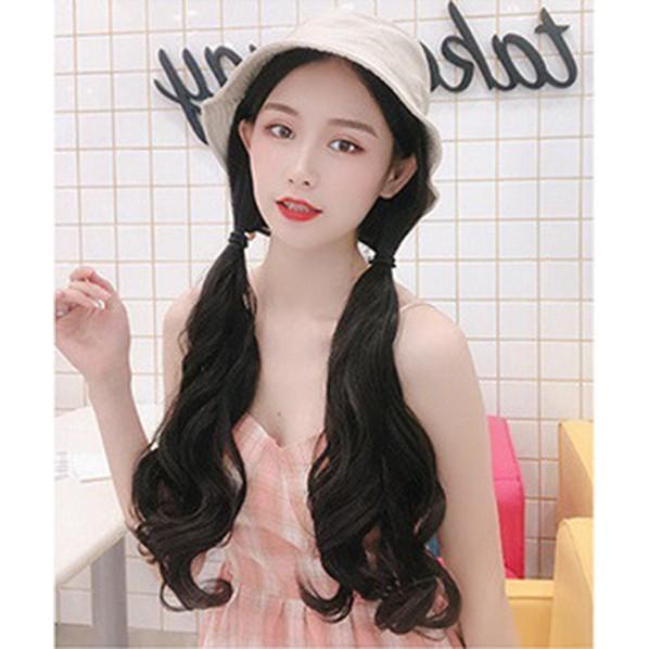 Tóc giả gắn mũ tai bèo trắng xoăn dài