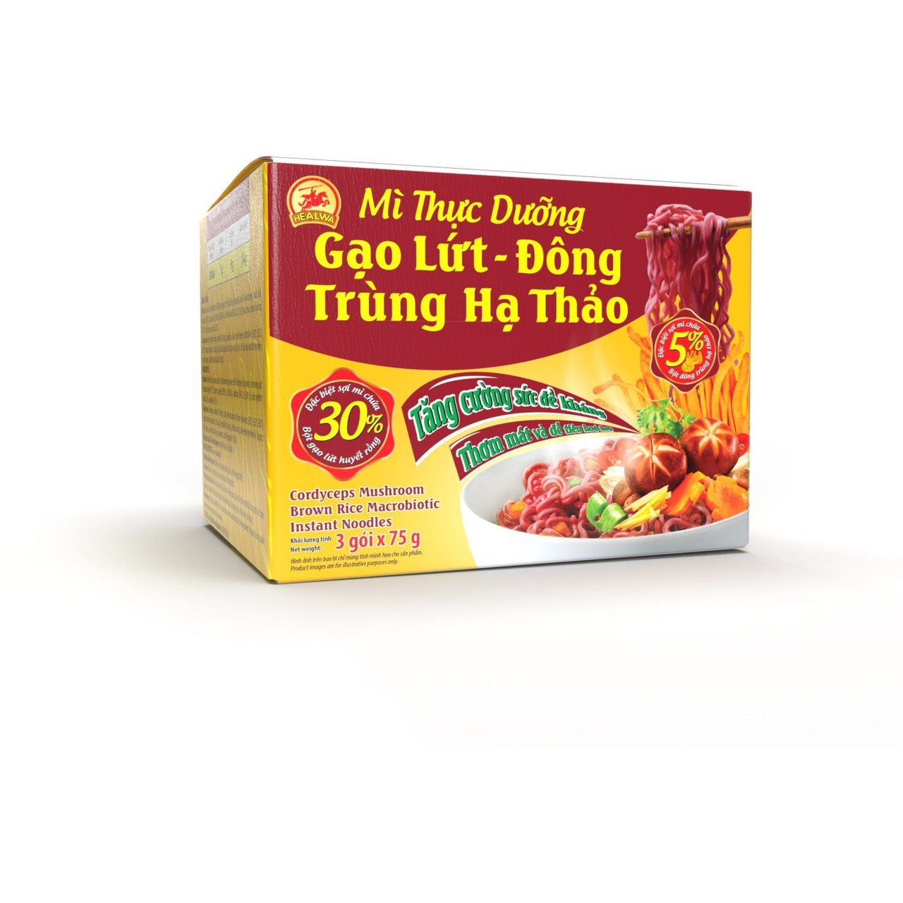 Mì ăn liền Gạo lứt - Đông trùng hạ thảo Healwa (1 hộp x 3 gói x 75g) chua cay nấu khô hay nước dùng chay mặn đều được