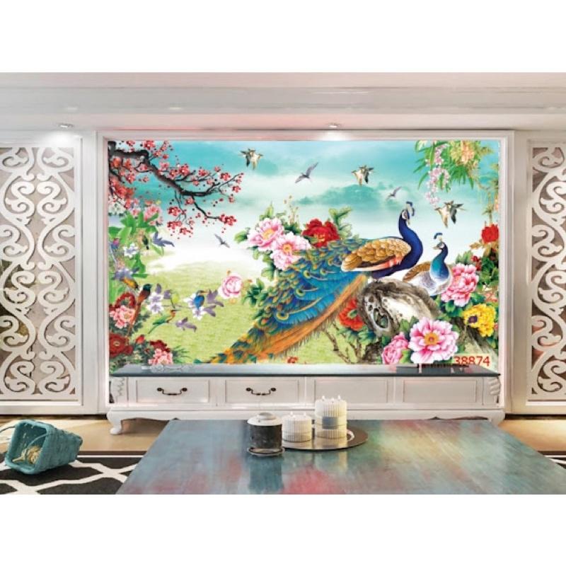 Tranh dán tường chim công hoa mẫu đơn 3d. tranh in vải lụa KT 120x80 cm. nhận in kích thước theo yêu cầu zalo 0989685926