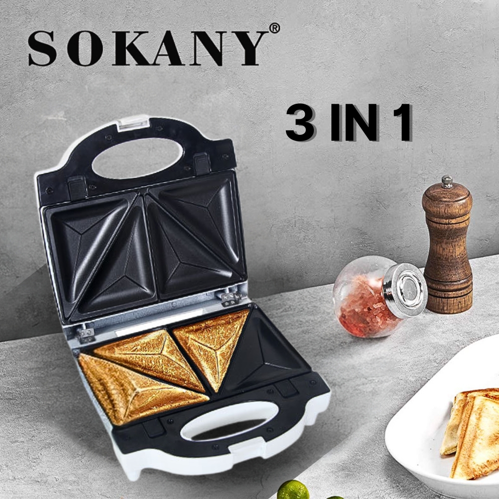 Máy kẹp bánh mì, máy nướng bánh mỳ 3in1 SOKANY SK-08012 công suất 700W khay nướng chống dính - HÀNG CHÍNH HÃNG - DELIYA