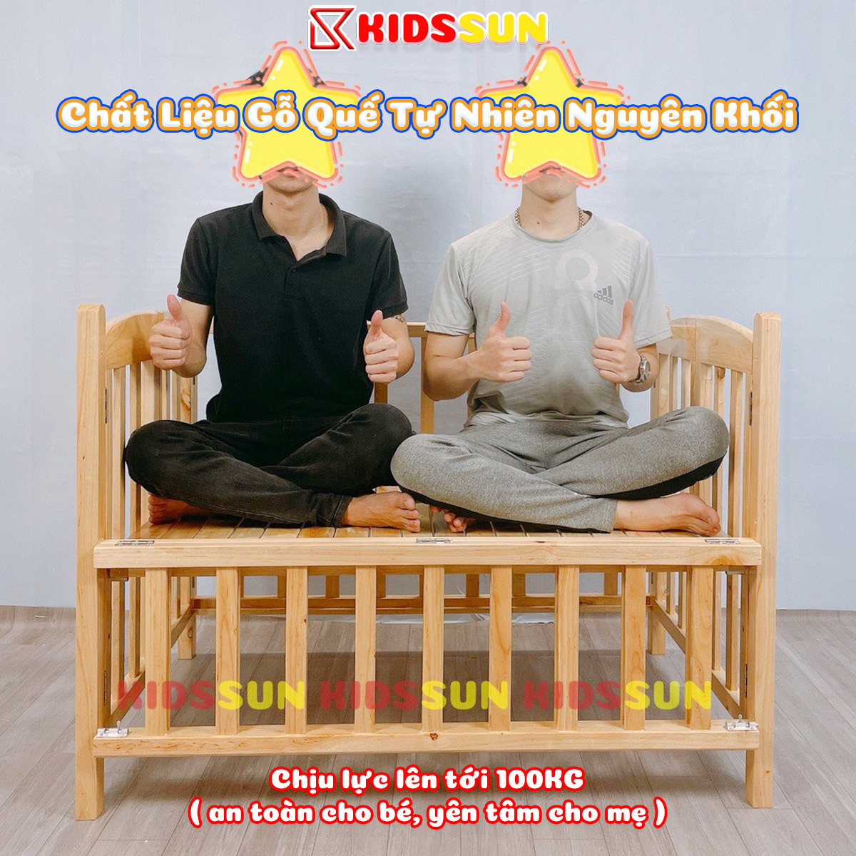 Cũi Gỗ Quế KIDSSUN Cho Tre Em Chất Liệu Gỗ Quế Màu Tự Nhiên Kích Thước 110x70x96cm Tặng Kèm Bánh Xe