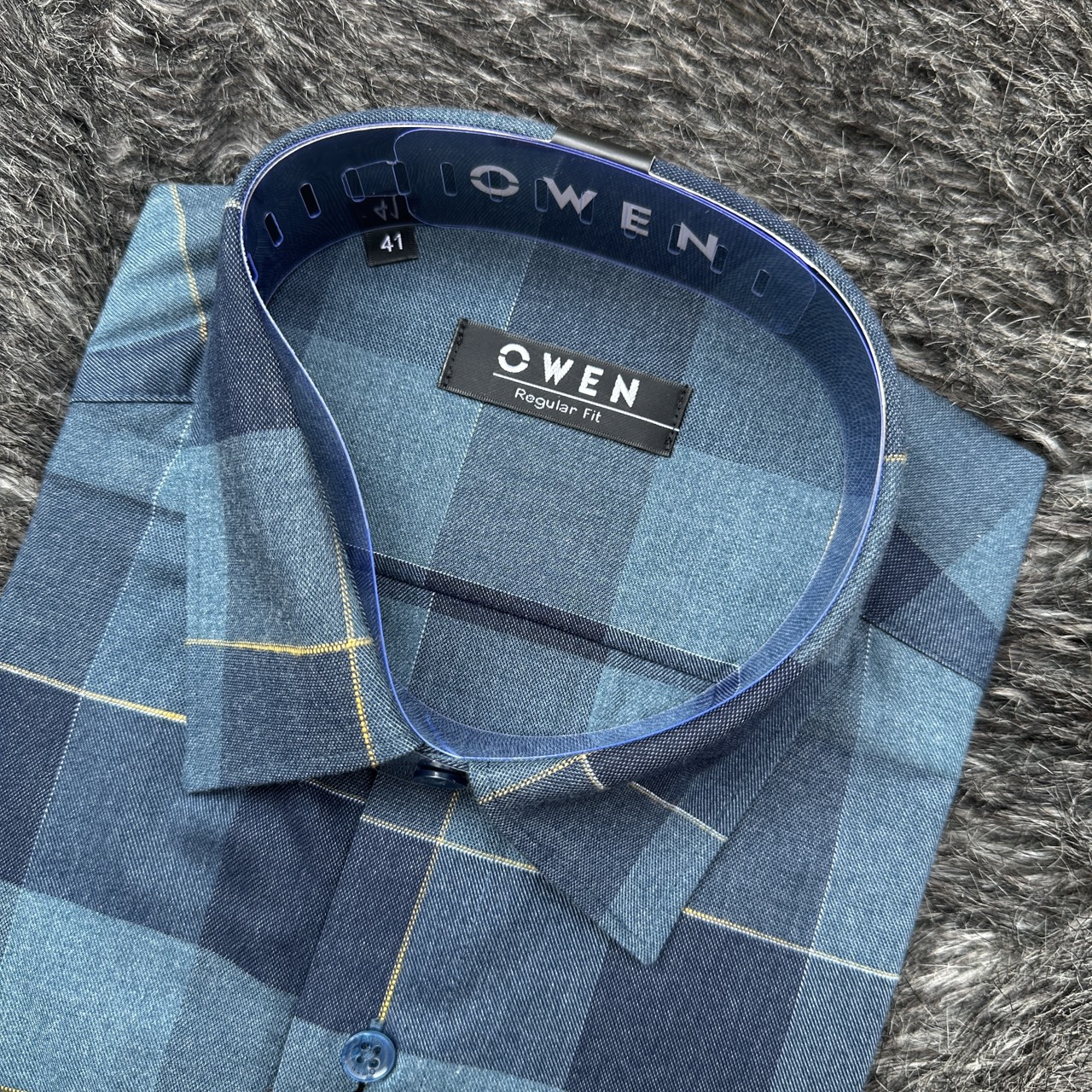 OWEN - Áo sơ mi dài tay Owen Regularfit chất sợi tre kẻ ca rô xanh đậm 220942