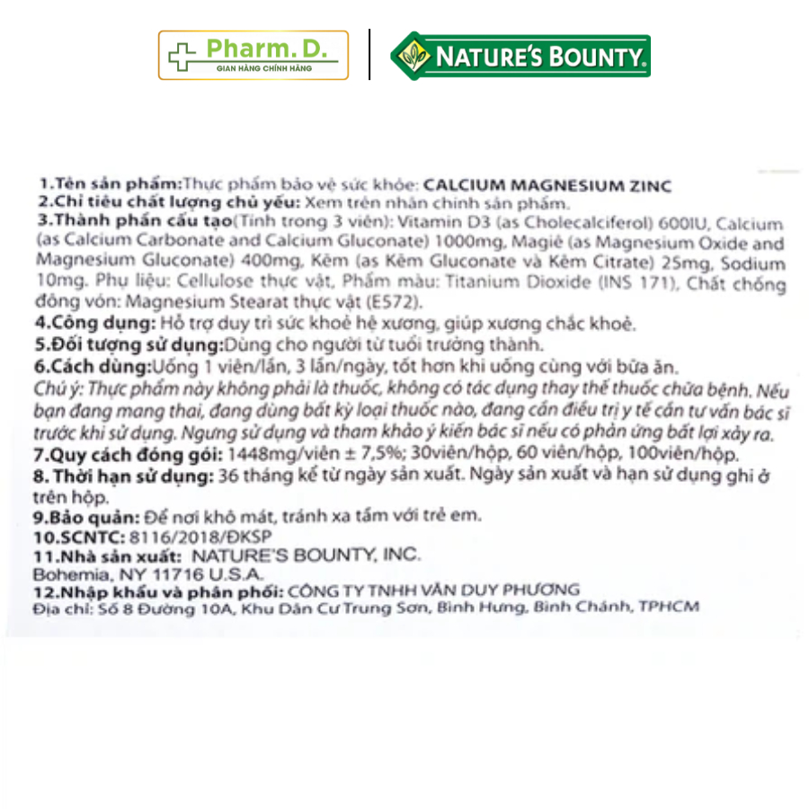 Viên Uống Bổ Sung Canxi, Magie, Kẽm Và Vitamin D3 Hỗ Trợ Xương, Răng Chắc Khỏe NATURE'S BOUNTY