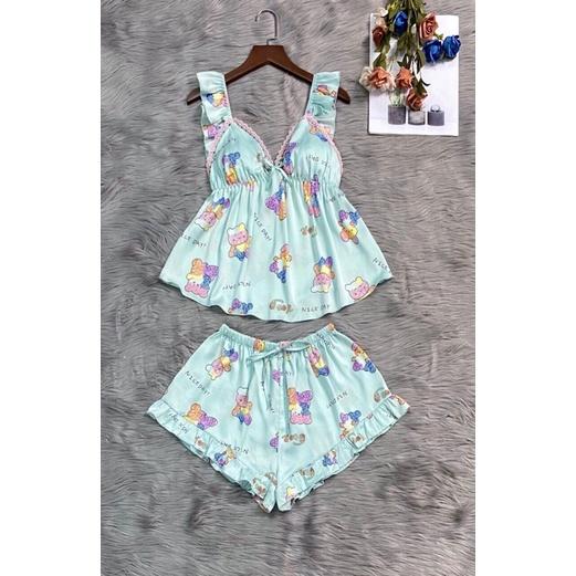 Bộ lua satin latin cao cấp tay cánh tiên nhí quần đùi bèo freesize 40-57kg
