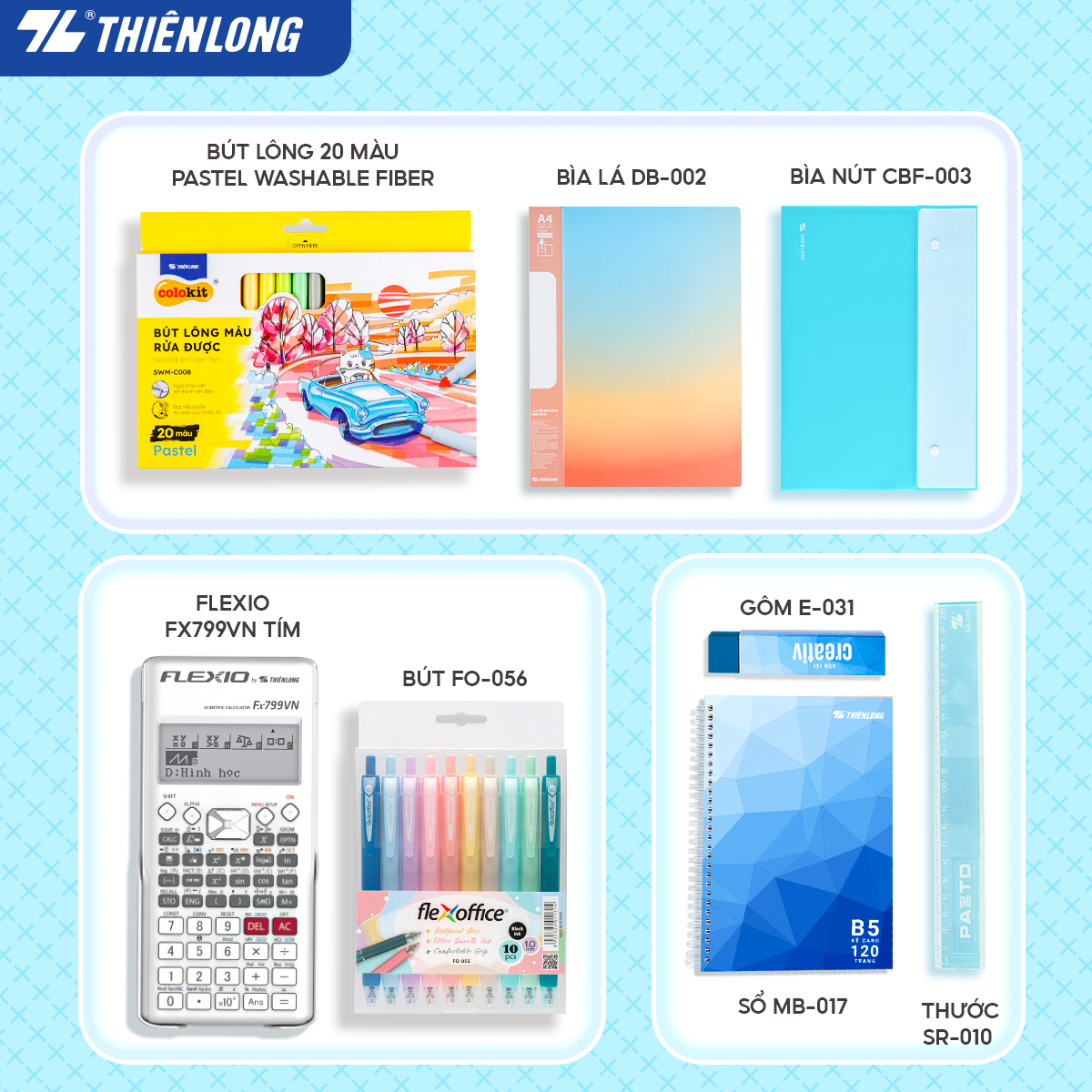 Combo dụng cụ học tập thể hiện cá tính - Tone Xanh pastel dịu mát - 08 món