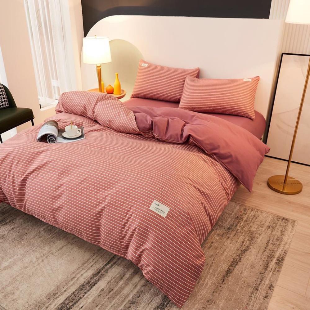 Bộ chăn ga gối Cotton TC Nhà Nhím Chăn ga gối kẻ sọc caro 4 món