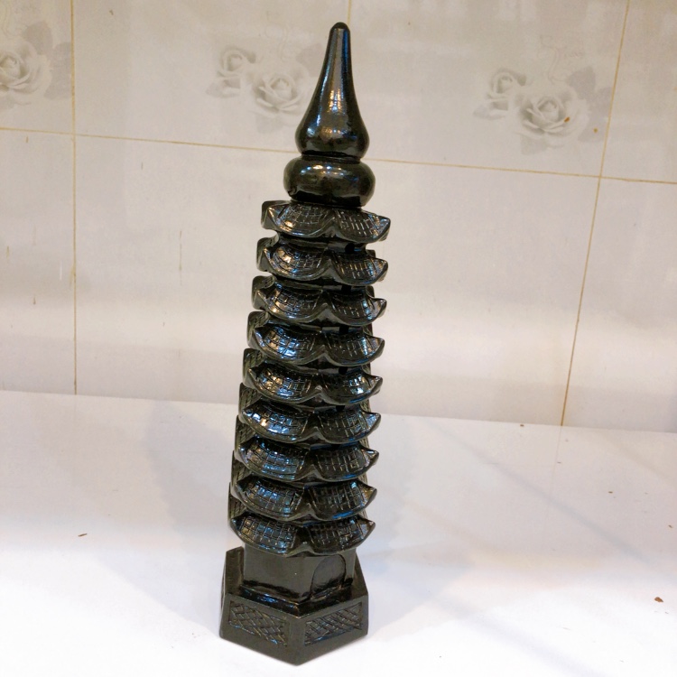 Tháp văn xương đen 9 tầng đá tự nhiên canxite cao 35 cm đường kính 11cm