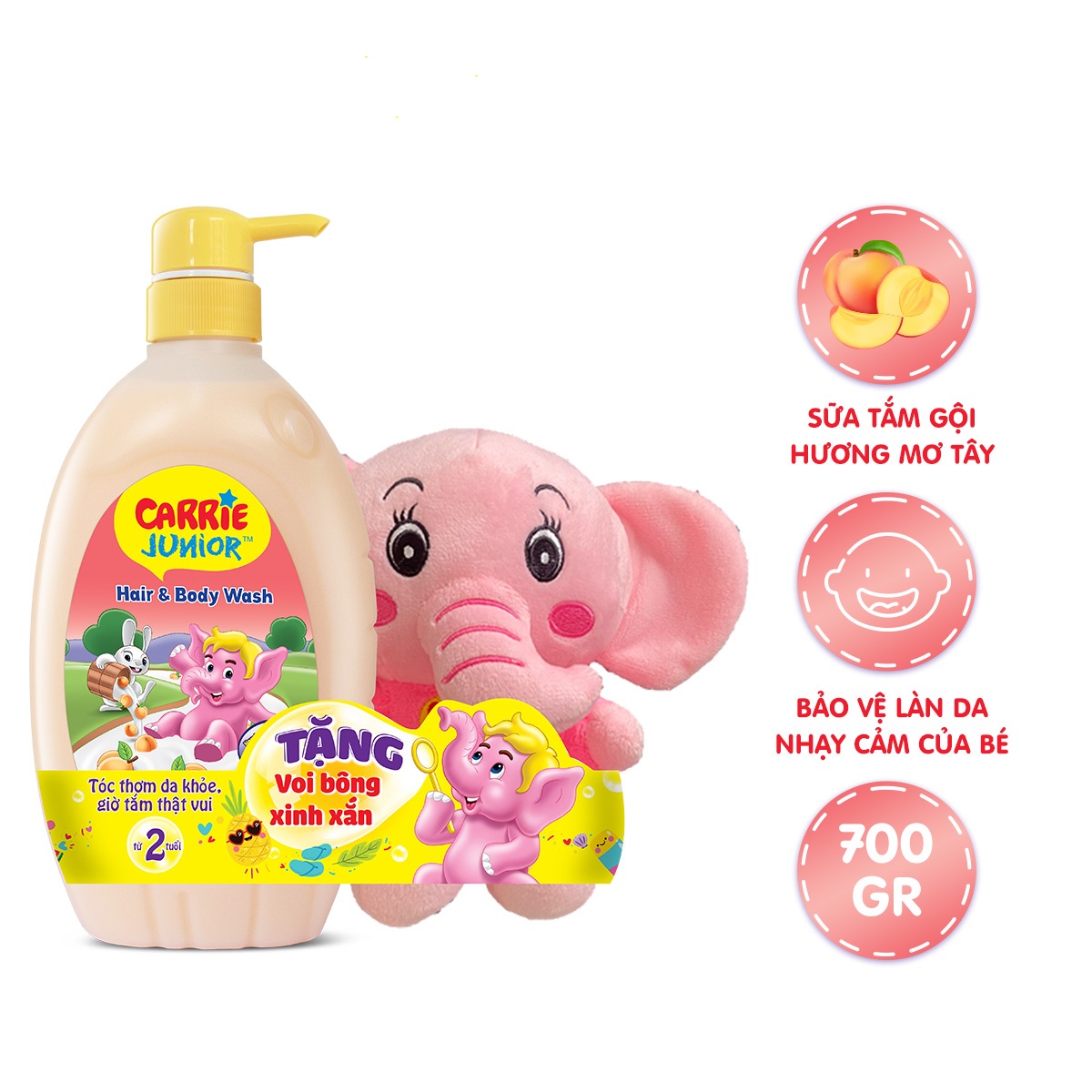 Chai Sữa Tắm Carrie Junior Yoghurt Hương Mơ Tây 700g + Voi Bông