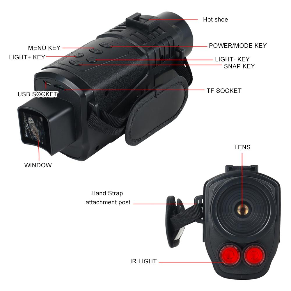 Portable Monocular Infrared Night-Visions Device Day Night Use Photo Video Playback Modes 5X Digital Zoom 300M Full Dark Viewing Distance for Outdoor Hunts Boating Journey