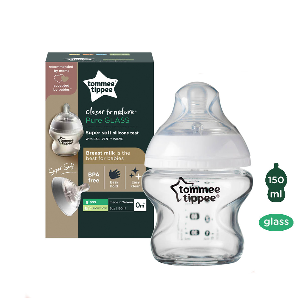 COMBO Bình sữa thủy tinh ty siêu mềm tự nhiên Tommee Tippee Closer to Nature 150ml &amp; Ty ngậm dạ quang cho bé Tommee Tippee Night Time 0-6 tháng (vỉ đôi) - Cá Voi