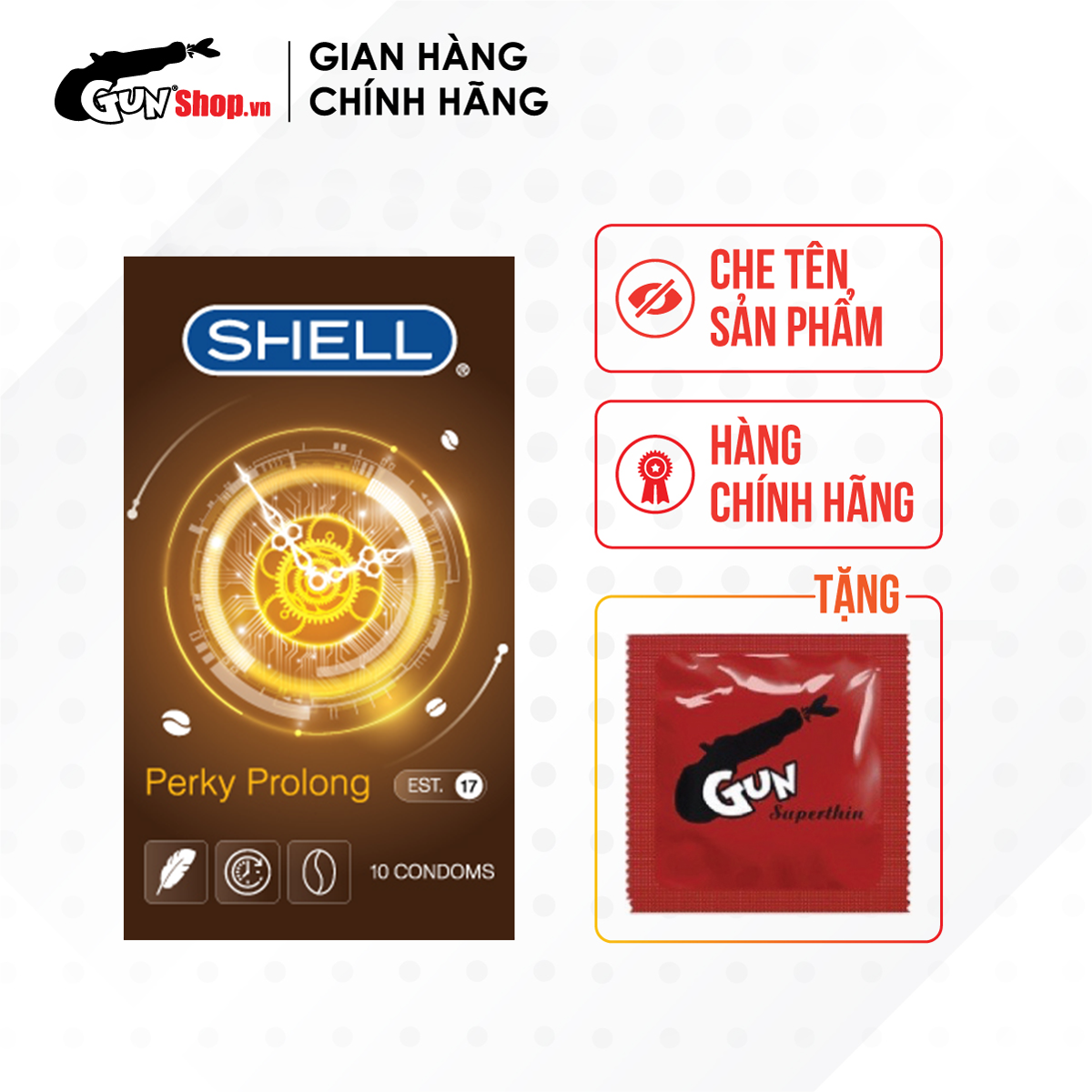 [Hộp 10 cái] Bao cao su Shell Perky Prolong kéo dài thời gian, hương cà phê kèm 1 chiếc BCS Gun Super Thin