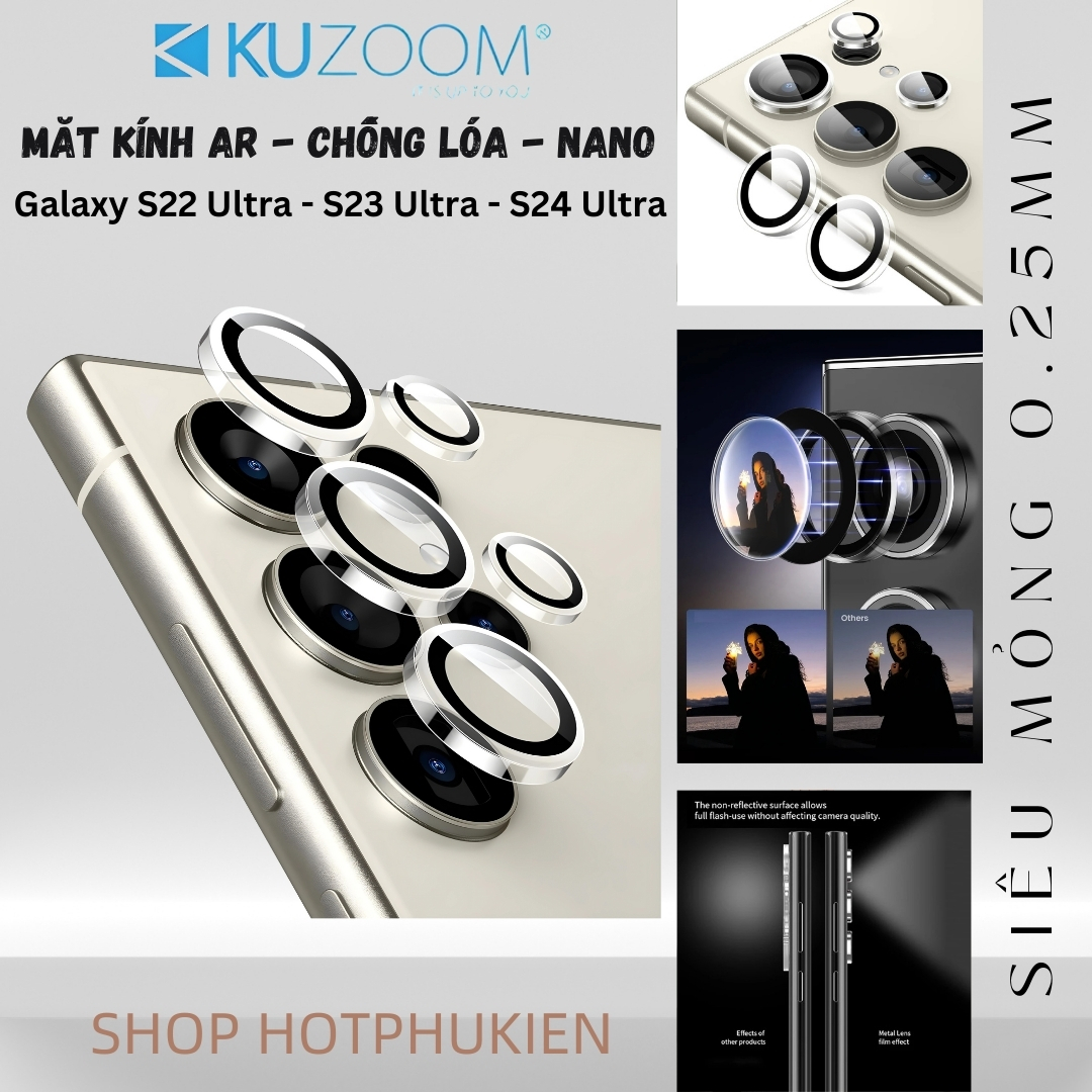 Tấm dán kính cường lực Camera cho Samsung Galaxy S22 Ultra / S23 Ultra / S24 Ultra hiệu HOTCASE KUZOOM AR - công nghệ kế dính tự động, mặt kính AGC sắc nét với độ cứng 9H, trang bị khung tự dán dễ dàng tự dán ở nhà - Hàng nhập khẩu