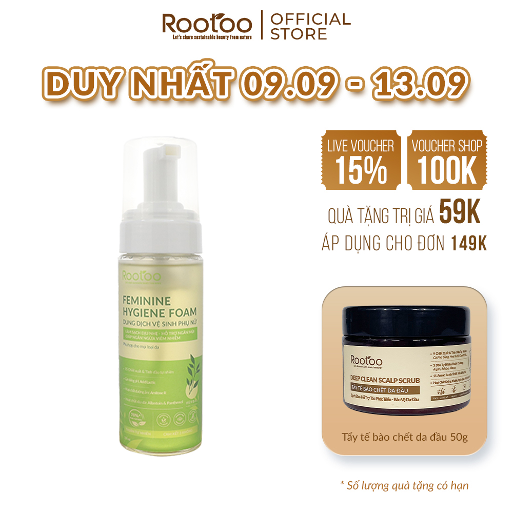 Dung Dịch Vệ Sinh Phụ Nữ Rootoo Thuần Tự Nhiên Hỗ Trợ Giảm Ngứa, Khử Mùi Hôi, Cân Bằng PH, Sạch Dịu Nhẹ 150ml