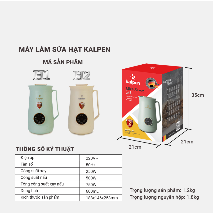 Máy Làm Sữa Hạt Cao Cấp Kalpen Mini 0.6L, Máy Xay Nấu Đậu Nành Đa Năng, Công Suất 750W - Hàng chính hãng