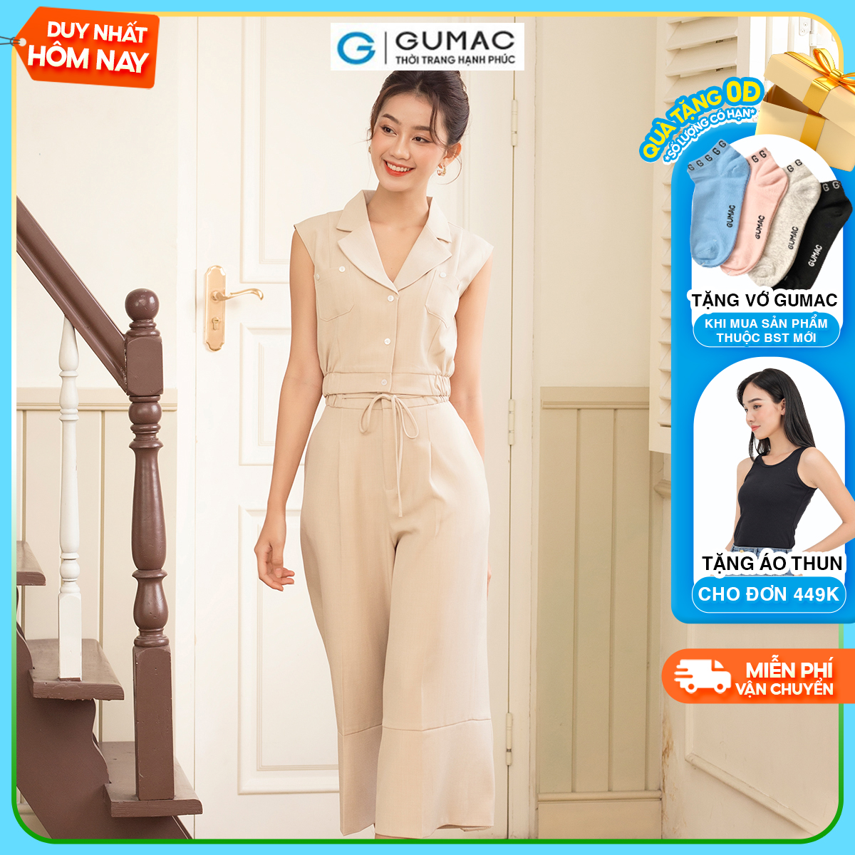 Set lẻ Áo lửng túi đắp thời trang GUMAC AD06004 - Quần culottes thắt nơ thời trang GUMAC QD06005
