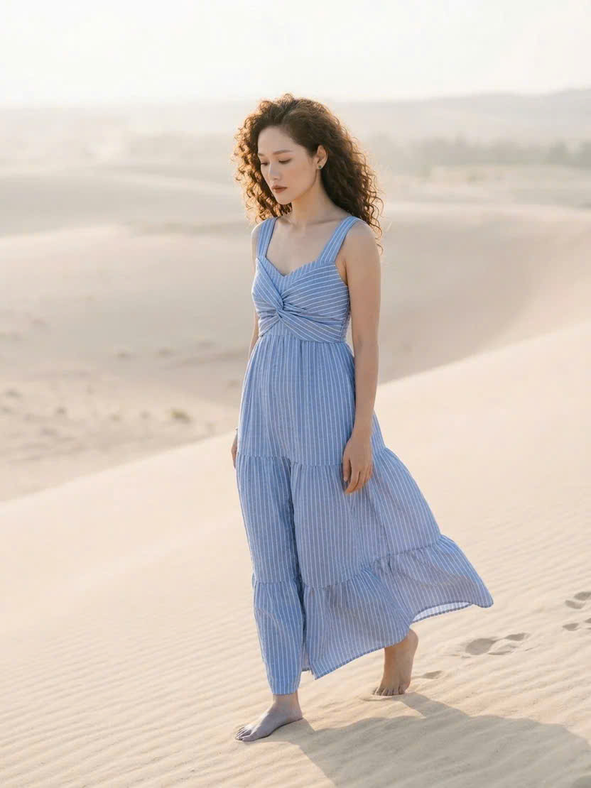 Đầm Maxi Sọc Xanh Cotton Vân Hy DRE205 Thời trang Hity