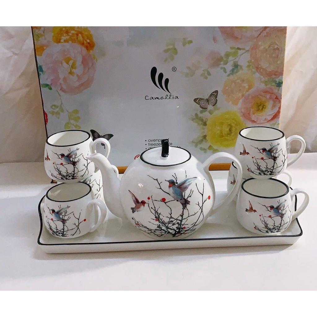 BỘ ẤM CHÉN PHA TRÀ KÈM KHAY SỨ HOA TIẾT HOA