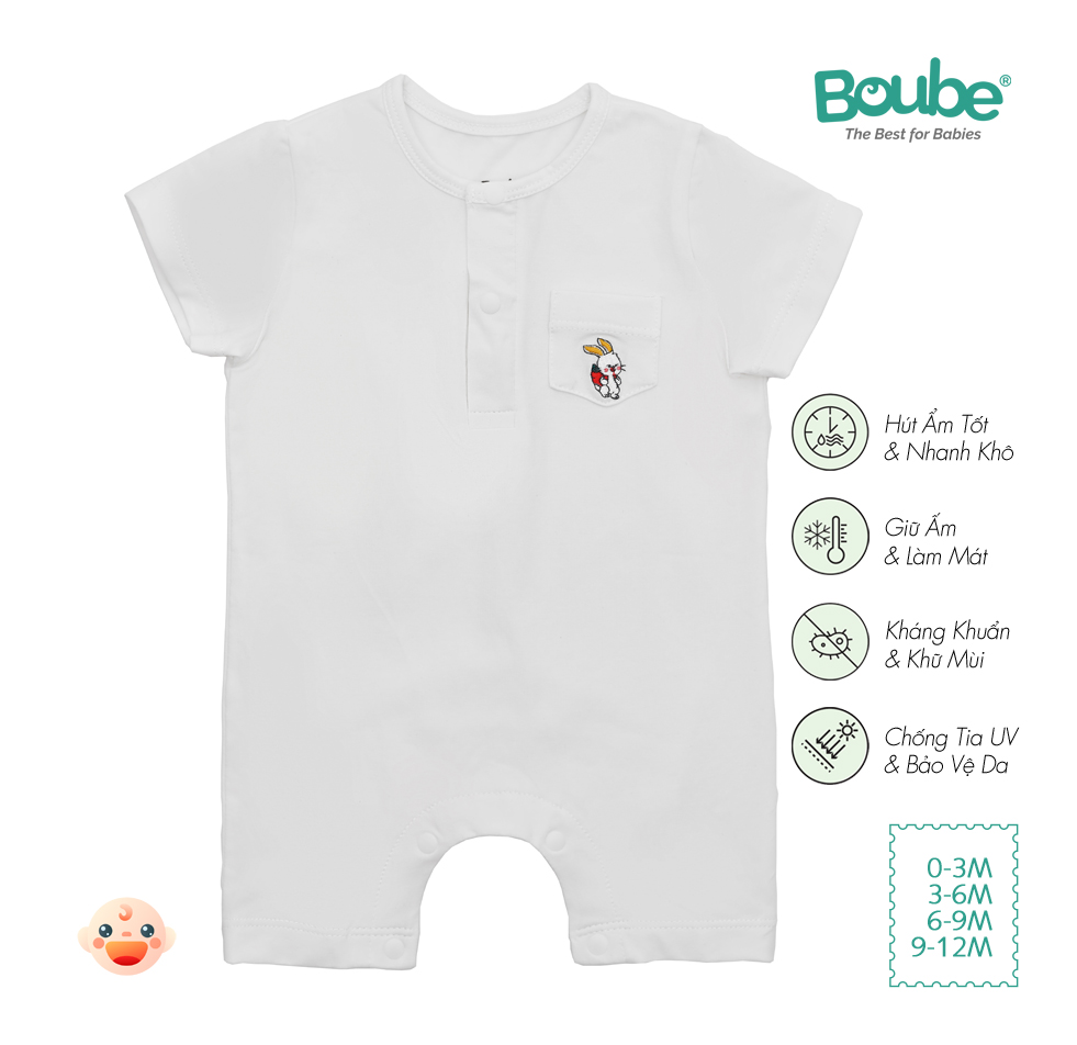 Bodysuit, bộ liền thân cộc tay cổ trụ cúc bấm màu trắng cho bé sơ sinh Boube, vải Cotton organic thoáng mát - Size 0-12M