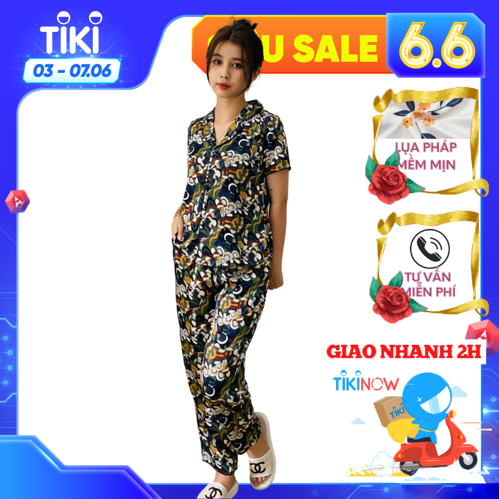 Bộ đồ Pyjama nữ, đồ mặc nhà lụa VILADY - B140 Quần Dài Tay Cộc Họa Tiết Con sò Màu Xanh Rêu, chất liệu lụa Pháp (lụa latin)