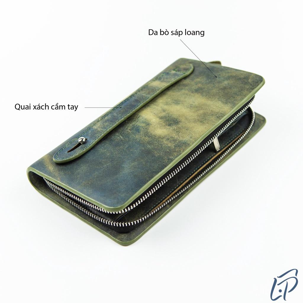 Ví dài cầm tay da sáp, clutch nam da bò sáp một khóa kéo LPC88