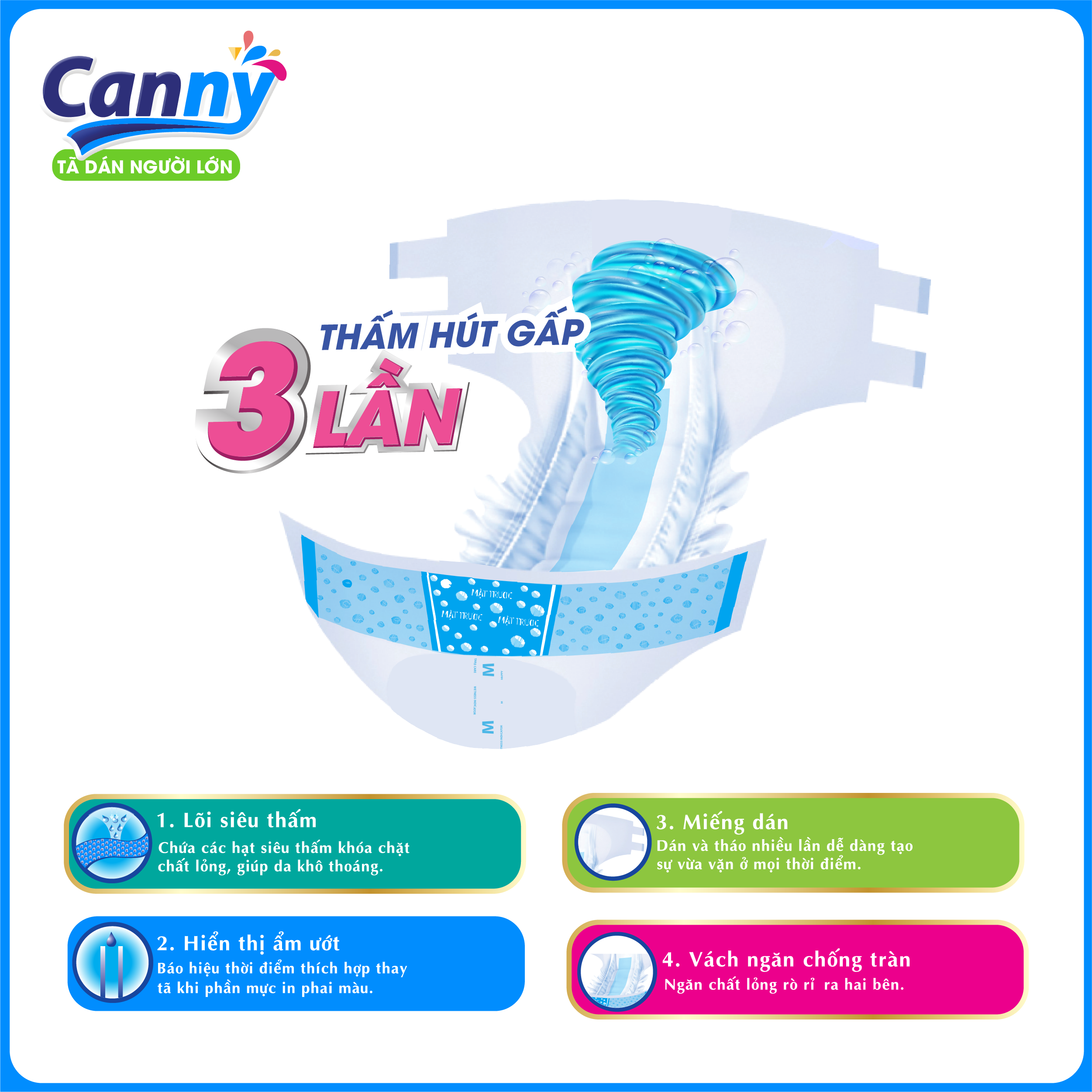 Tã Dán Người Lớn Canny Siêu Mềm, Siêu Thấm, Kháng Khuẩn Size M10, M/L10 (10 miếng)