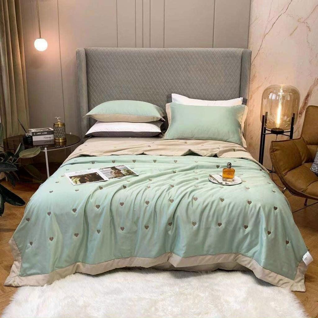 SET LỤA CHĂN TRẦN TIM THÊU NỔI MÀU XANH DƯƠNG