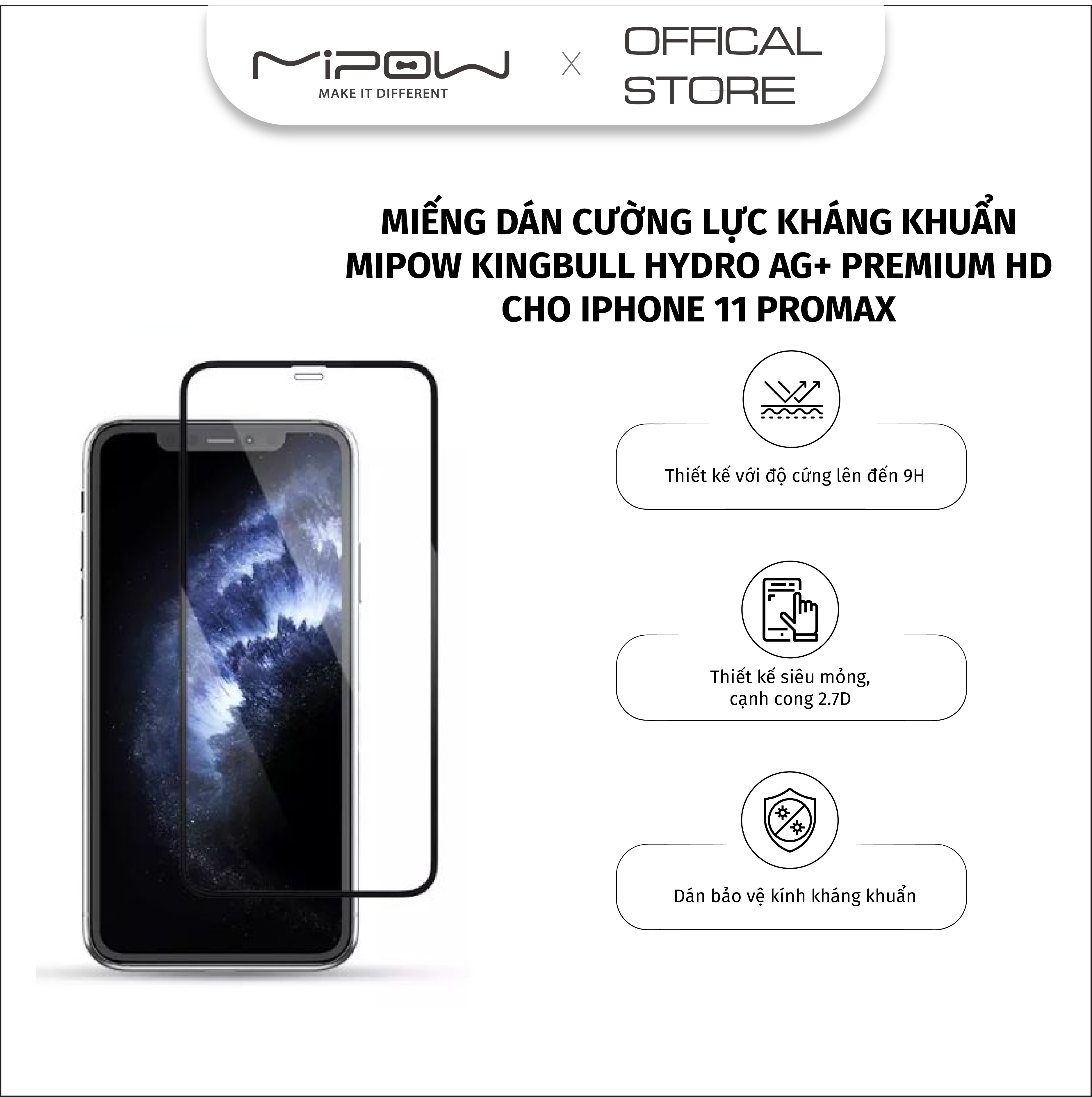 MIẾNG DÁN CƯỜNG LỰC KHÁNG KHUẨN MIPOW KINGBULL HYDRO AG+ PREMIUM HD cho iPhone 12 Series  - Hàng Chính Hãng