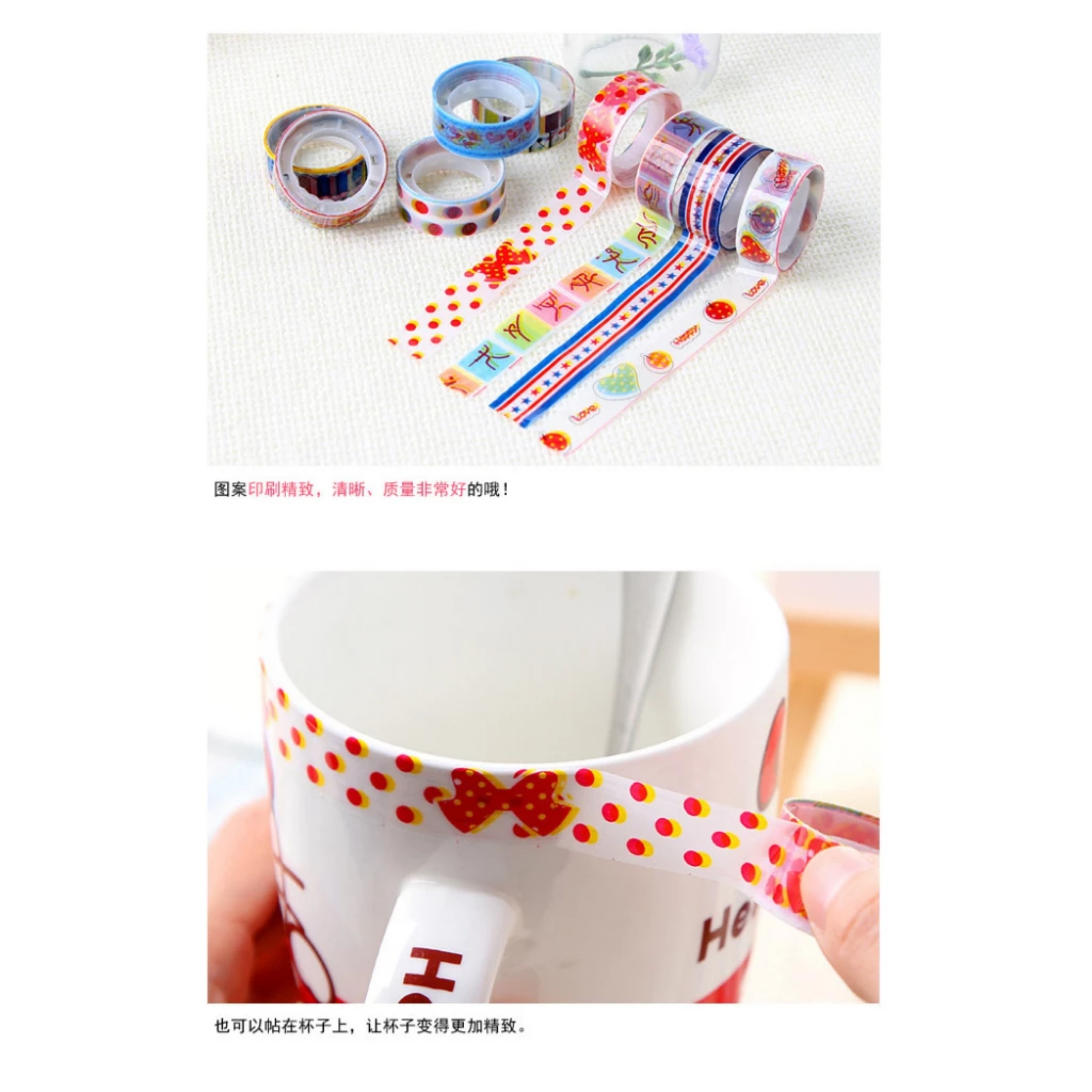 Lẻ 1 Cuộn băng dính washi tape dán trang trí họa tiết hoạt hình dễ thương, cuộn băng dán sticker nhiều hình cute